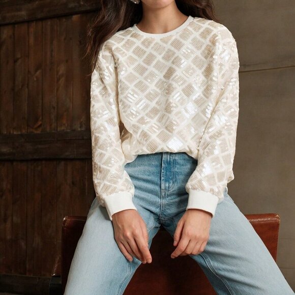 Women's Sequin Embellished Round Neck Loose Fit top - Picture 6 of 8